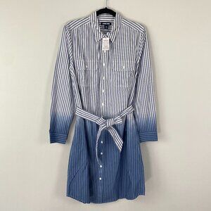 Lands' End Blue and White Buttoned Tie Front Shirt Dress